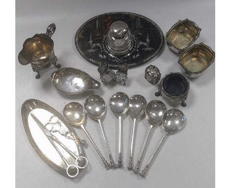 A collection of silverware including flatware, cruets, cream jug, inkstand etc, 1007g (32.5ozt) weighable silver together wit