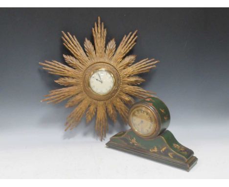 An Edwardian green chinoiserie mantel clock, 19cm high and a 20th century gilt wood sun burst wall clock, 50cm overall diamet