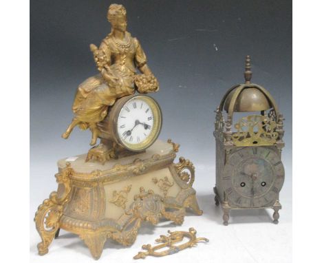 A small lantern type mantel clock, circa 1900, with French drum movement; and a French alabaster and gilt metal mantel clock 