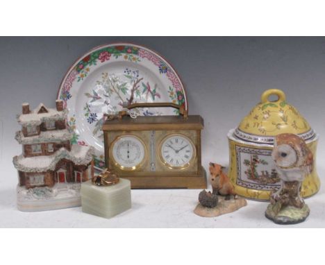 A china figure of a barn owl; a ceramic figure of a fox and hedgehog; a ceramic model of a thoroughbred by Albany; a yellow g