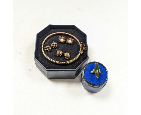 Two pairs of hallmarked 9ct gold pearl and gemset ear studs, together with a pair of knot style ear studs tested as 9ct gold,