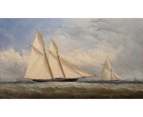A Group of Three Pictures To include an unsigned 19th century watercolour with gum arabic of a Schooner at Sea, 25cm x 43cm; 