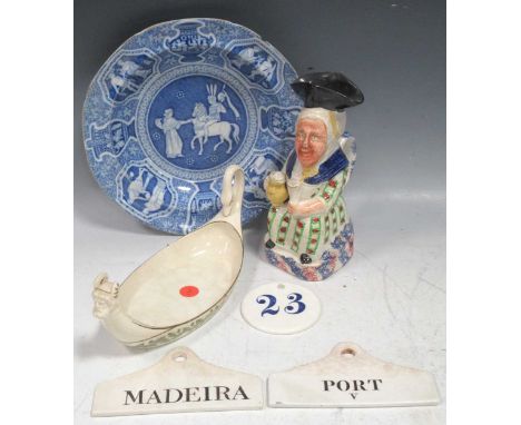 Ceramics to include: two Wedgwood ceramic bin or bottle labels 'PORT' and 'MADEIRA'; a Spode Herculaneum blue and white shall