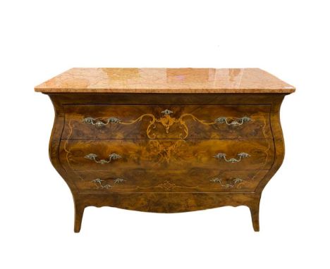 An 18th century style bombe commode inlaid to the three drawers, set with polished marble top98 x 129 x 57cm