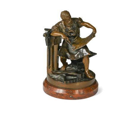After Hans Guradze (1861-1922), a bronze model of a blacksmith, the brown patinated blacksmith holding dividers and construct