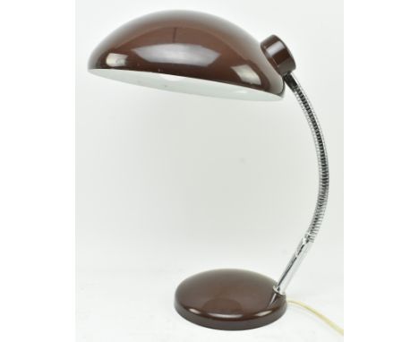 Bauhaus manner - a retro 20th century brown painted metal gooseneck desk table top lamp light. The lamp having a Sputnik shap