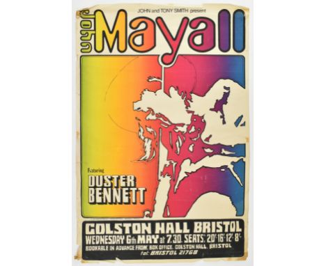 A retro mid century 1960s blues &amp; rock music poster for John Mayall feat. Duster Bennett at Colson Hall, Bristol. The pos