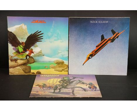 Vinyl - 3 Budgie UK pressing albums to include: Squawk (MCF 2502), Never Turn Your Back On A Friend (original black labels pr