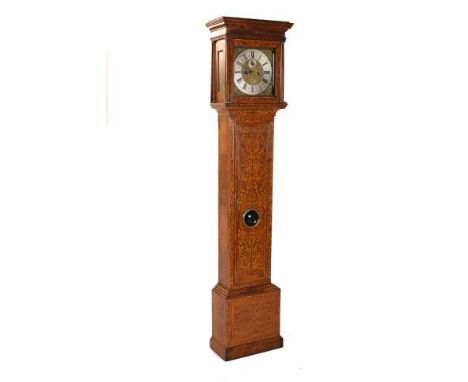 AN ARABESQUE MARQUETRY AND WALNUT EIGHT-DAY LONGCASE CLOCK, the 12 inch square brass dial with silvered chapter with Roman nu