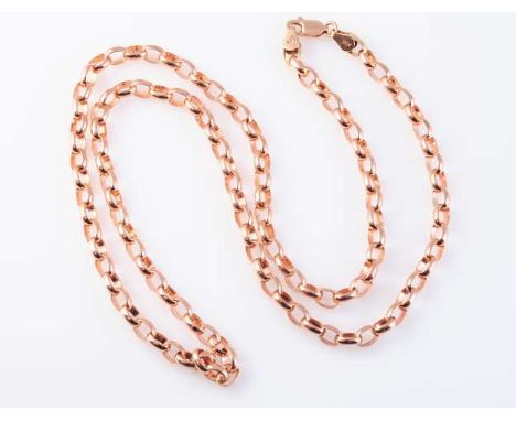 A ROSE COLOURED METAL CHAIN, stamped "375", constructed of oval links. 19 grams, 55cm