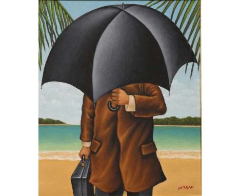 GRAHAM MCKEAN (b.1962), "THE MAN WHO ALWAYS EXPECTED RAIN", signed lower right, oil on canvas, framed. 33.5cm by 28cm