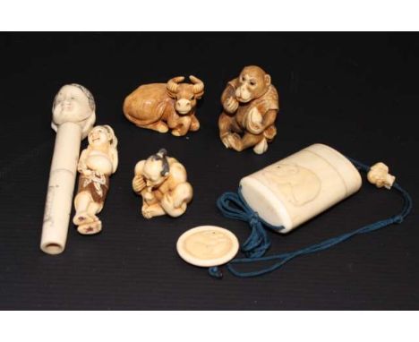 A COLLECTION OF JAPANESE CARVINGS, including four ivory netsukes and a bone inro. (6) Largest netsuke 7.5cm high