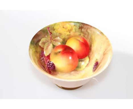 A ROYAL WORCESTER FRUIT PAINTED SUGAR BOWL, painted by Ayrton, with peach glazed exterior, puce printed mark. Diameter 10.5cm