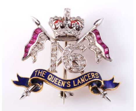 A 16TH LANCERS REGIMENTAL DIAMOND, RUBY AND ENAMEL BROOCH, formed as two crossed flags set with six graduating channel set sq