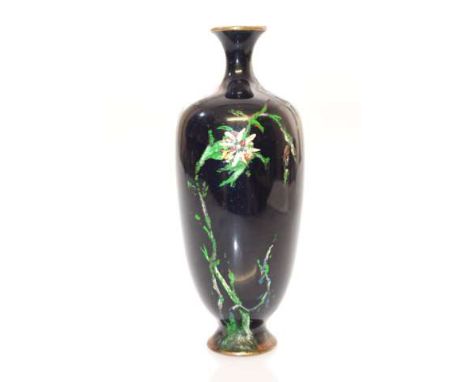 A JAPANESE CLOISONNE ENAMEL VASE, of shouldered ovoid form with slender neck and circular foot, decorated with two Kutani cra