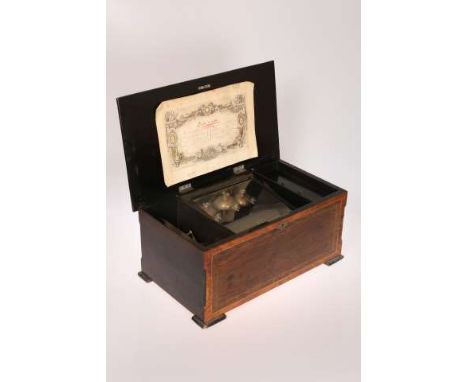 A SWISS EBONISED, INLAID AND CROSSBANDED WALNUT MUSIC BOX, 19TH CENTURY, the rectangular case with hinged rectangular lid, ce