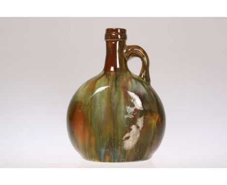 A LINTHORPE POTTERY FLASK, DESIGNED BY CHRISTOPHER DRESSER, of flattened circular form with handle, facsimile signature, impr