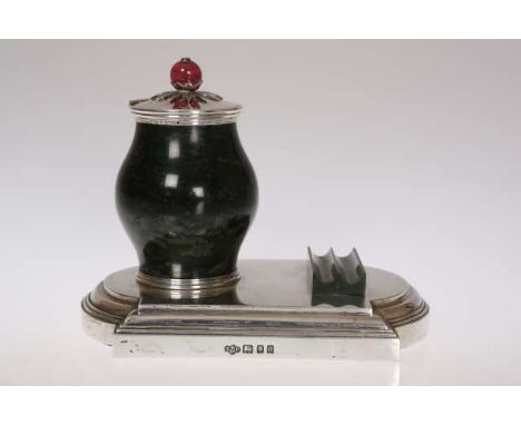 A FINE ART DECO INKWELL, Thomas Callow & Son, London 1928, silver, nephrite jade and tourmaline, the barrel-form ink with tou