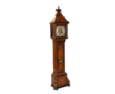 A DUTCH FLORAL MARQUETRY AND WALNUT EIGHT-DAY LONGCASE CLOCK, 18th Century, the 12 inch square brass dial, signed "Daniel Blo