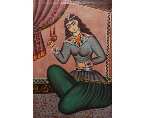QAJAR SCHOOL, PORTRAIT OF A GIRL HOLDING A FLOWER, oil on canvas, unframed. 112cm by 75.5cm