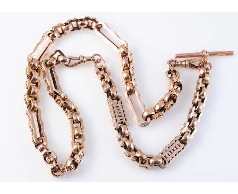 A VICTORIAN 9 CARAT GOLD CHAIN AND BRACELET, each constructed of square, circular and shaped rectangular links. (2) 46 grams