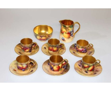 A SET OF SIX ROYAL WORCESTER FRUIT PAINTED COFFEE CANS AND SAUCERS, CREAM JUG AND SUGAR BOWL, various hands including Price, 