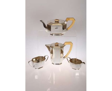 AN ART DECO SILVER FOUR-PIECE TEA SERVICE, Emil Viner, Sheffield 1938, comprising teapot, hot water pot, sugar bowl and cream