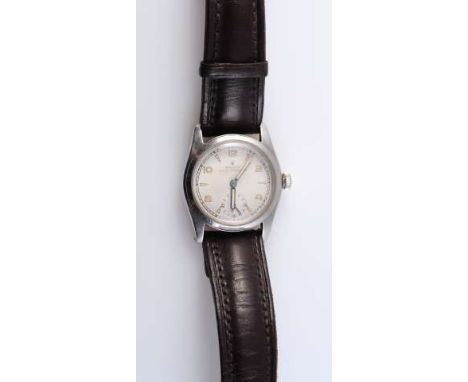 A ROLEX OYSTER PERPETUAL PRECISION STAINLESS STEEL WRISTWATCH, c.1949, ref. 5056, off-white dial with subsidiary seconds, Ara