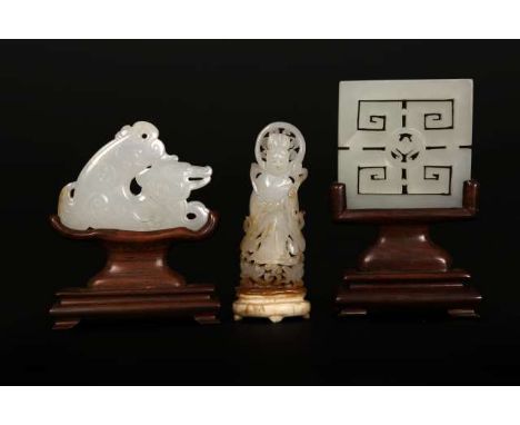 A CHINESE JADE OPENWORK PLAQUE, carved as a beast, on a hardwood stand, jade 62mm by 45mm; together with A CHINESE JADE OPENW