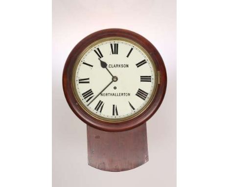 A 19TH CENTURY SINGLE FUSEE DROP-DIAL STAINED WOOD WALL CLOCK, the 11½ inch dial with Roman numerals, signed "G.F. CLARKSON/ 