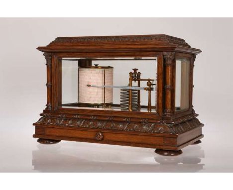 A GOOD OAK CASED BAROGRAPH, LATE 19TH CENTURY, the case with five bevelled glass panels and turned columns with Corinthian ca