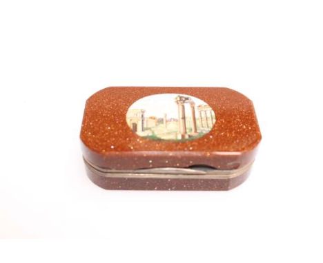 AN ITALIAN GOLDSTONE AND MICROMOSAIC BOX, 19TH CENTURY, rectangular with rounded canted corners and gold mounts, the cover ce