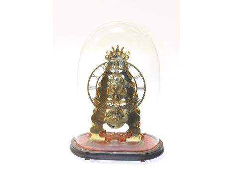 A SINGLE FUSEE BRASS SKELETON CLOCK, the 6¾ inch cut-out chapter with Roman numerals, opposing shaped brass plates, unsigned,