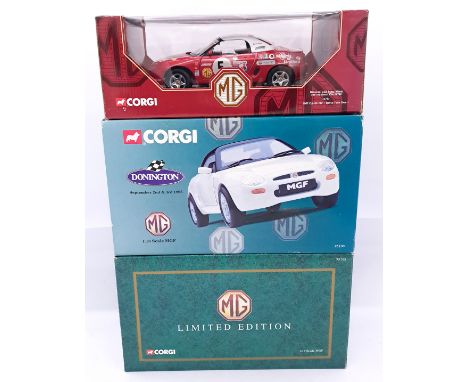 Corgi, a boxed 1:18 scale MGF group to include 95105 MGF VVC Roadster 1.8i complete with wooden plinth, 46703 MGF Closed Top 