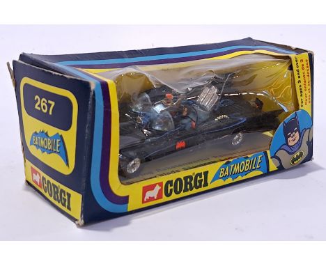 Corgi 267 Batmobile - light blue windows, dayglo orange interior with original Batman &amp; Robin Figures, original aerial. U