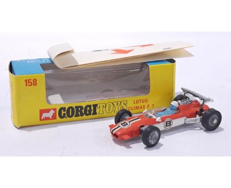 Corgi No.158 Lotus Climax Formula 1 Racing Car - two-tone orange, white, racing number 8, cast hubs, figure driver - Good Plu
