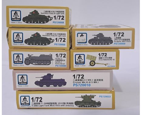 S-Models a mixed boxed model kit 1/72 scale tank group to include PS720008 Hotchkiss H38/39 Light Tank, PS720010 Cruiser Mk.I