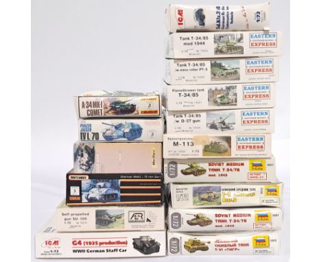 ICM, Matchbox and similar, a mixed boxed model kit group of 1/72 1/76 scale Tanks and trucks to include, Matchbox 40072 A-34 