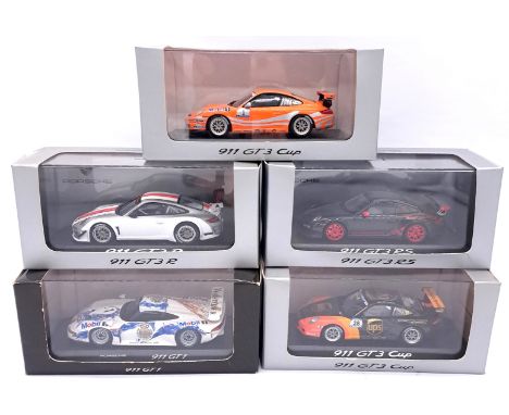 Minichamps (Paul's Model Art) a boxed group of 1/43 scale Porsche 911 GT sports/racing models in various liveries to include 