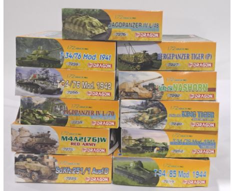 Dragon Models a boxed model kit 1/72 scale group of tanks to include 7227 Bergepanzer Tiger (P), 7238 Jagdpanzer IV L/70 (Com