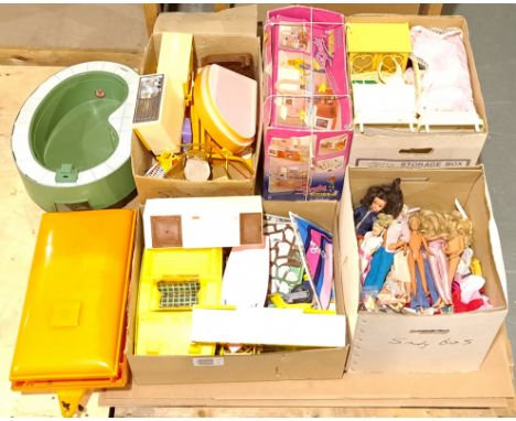 Mattel Barbie/Ken, Sindy and similar a mixed group of Dolls, Clothing, Building parts and other to include wardrobes, kitchen