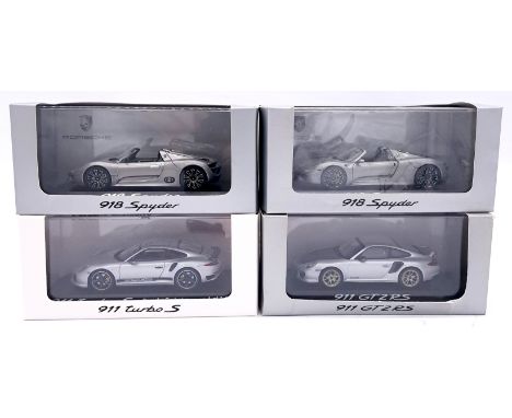 Minichamps (Paul's Model Art) a boxed group of 1/43 scale Porsche "911/918" models to include WAP020 1000E 918 Spyder in Meta