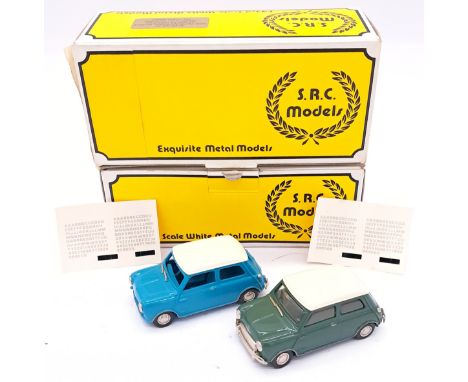 S.R.C. Models, a boxed pair of 1:43 scale white metal Mini Cooper 'S' models. One in Green and one in Blue. Conditions appear