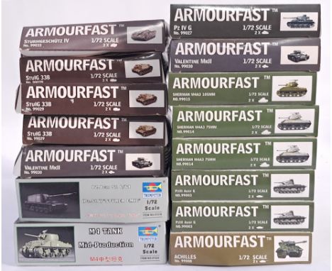 Armourfast and Trumpeter, a mixed boxed model kit group of 1/72 scale Tanks and Trucks to include, Trumpeter No.07223 M4 Tank