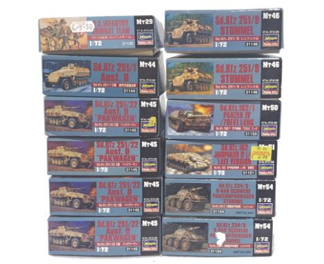 Hasegawa a mixed boxed model kit group of&nbsp; 1/72 scale Tanks and soldiers to include Mt.46 Sd.Kfz 251/9 Stummel, Mt.29 U.