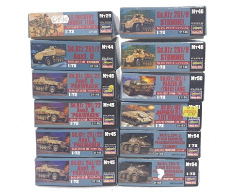 Hasegawa a mixed boxed model kit group of&nbsp; 1/72 scale Tanks and soldiers to include Mt.46 Sd.Kfz 251/9 Stummel, Mt.29 U.