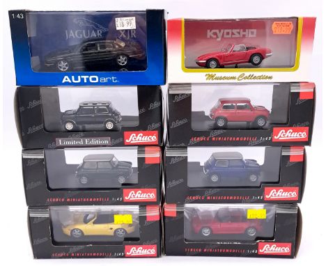 Autoart, Schuco and Kyosho, a boxed 1:43 scale group to include Autoart 53601 Jaguar XJR in Black, Kyosho 03041R Lotus Elan S