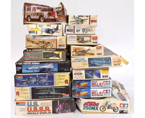 Monogram, Academy and Tamiya a mixed boxed group of Planes/Vehicles to include Monogram 6063 F-82 Twin Mustang, Tamiya 60601 