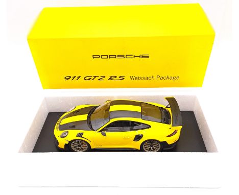 Spark (Minimax), a boxed 1/18 scale Porsche 911 GT2 RS "Weissach Package" in Yellow &amp; Black with Black Carbon Fiber Detai