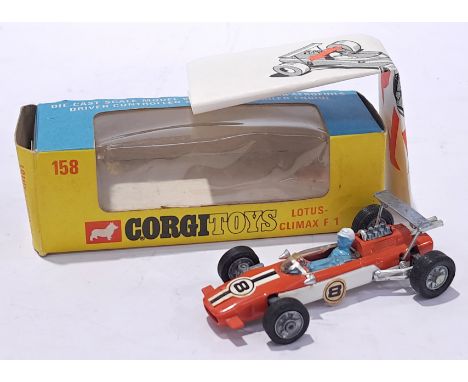 Corgi No.158 Lotus Climax Formula 1 Racing Car - two-tone orange, white, racing number 8, cast hubs, figure driver - Good Plu
